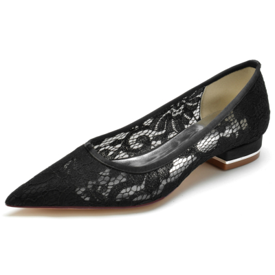 Women's Black Lace Pointed Toe Flat Shoes