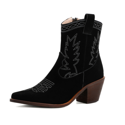 Black Leather Cowboy Boots Block Low Heeled  Western Ankle Boots