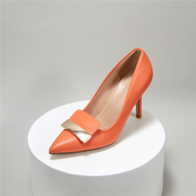 Orange Women's Metal Buckle Pointed Toe Stiletto Pumps Work High Heels