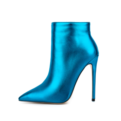 Women's Sky Blue Pointed Toe Stiletto Heel Metallic Boots