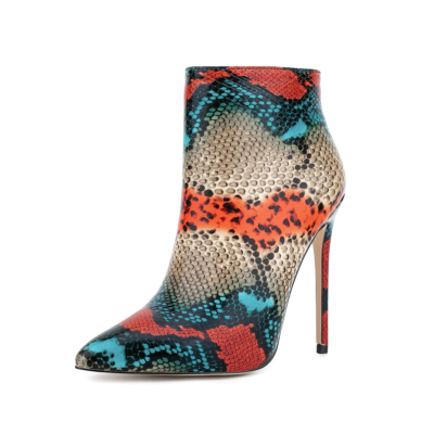 Women's Multicolor Snake Printed Pointed Toe Stilettos Ankle Boots