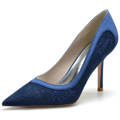 Women's Navy Opaque Lace Pointed Toe Stiletto Heel Wedding Pumps