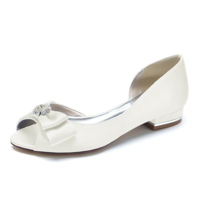 Women's Ivory White Peep Toe Bow Rhinestone Peep Toe Bride Flat Wedding Shoes