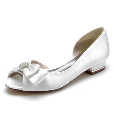 Women's White Peep Toe Bow Rhinestone Peep Toe Bride Flat Wedding Shoes
