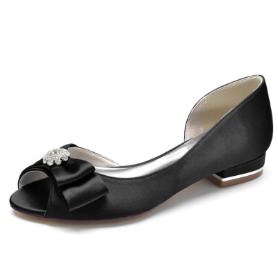 Women's Black Peep Toe Bow Rhinestone Peep Toe Flat Shoes
