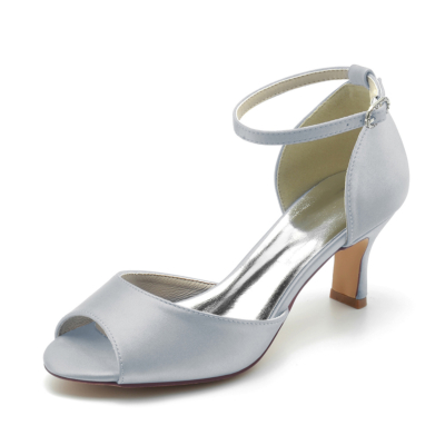 Women's Silver Peep Toe Satin Ankle Strap Low Heel Wedding Sandals