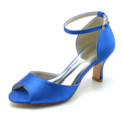 Royal Blue Women's Peep Toe Satin Ankle Strap Low Heel Wedding Sandals
