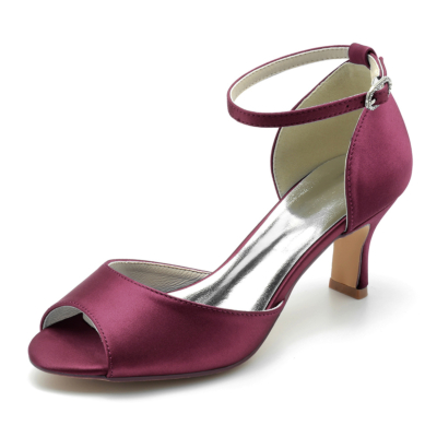 Women's Burgundy Peep Toe Satin Ankle Strap Low Heel Wedding Sandals