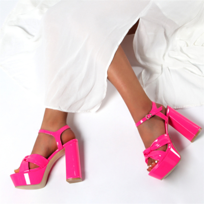 Women's Pink Patent Leather Ankle Strap Chunky Heel Platform Sandals