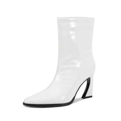 Women's White Pointed Toe Ankle Boots Chunky Heel Boots with Side Zipper