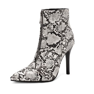 Grey Snake Printed Women's Pointed Toe Stiletto Heel Ankle Boots Front Zip Sexy Booties
