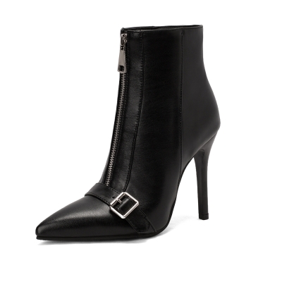 Black Women's Buckle Pointed Toe Stiletto Heel Ankle Booties