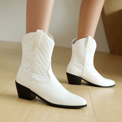 Women's White Quilted Pointed Toe Ankle Boots Block Heel Boots