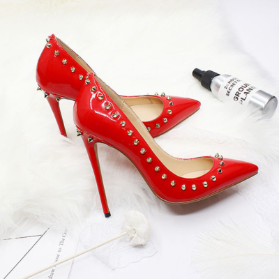 Red Women's Rivets Pumps Stiletto Pointy Toe Studded Heels Office Shoes 12cm