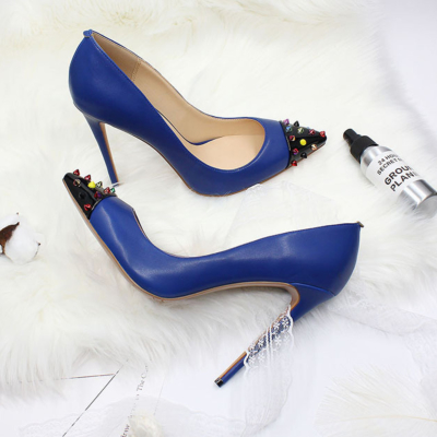 Blue Matte Women's Rivets Pumps Stiletto Pointy Toe Studded Heels Office Shoes 12cm