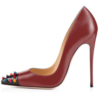 Burgundy Matte Women's Rivets Pumps Stiletto Pointy Toe Studded Heels Office Shoes 12cm