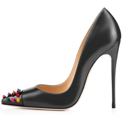 Black Matte Women's Rivets Pumps Stiletto Pointy Toe Studded Heels Office Shoes 12cm