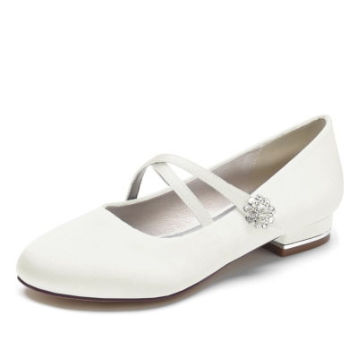 Women's Ivory White Round Toe Cross Strap Flat Wedding Shoes  for Wide Feet