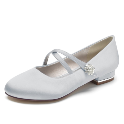 Women's Silver Round Toe Cross Strap Flat Wedding Shoes