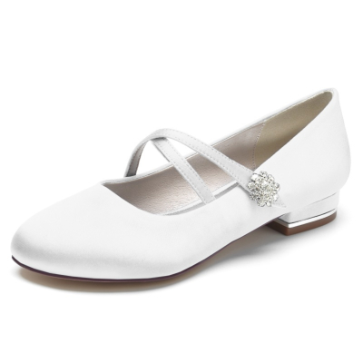 Women's White Round Toe Cross Strap Flat Wedding Shoes