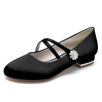 Women's Black Round Toe Cross Strap Flat Shoes