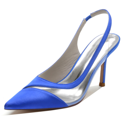Women's Royal Blue Satin Slingback Pointed Toe Stiletto High Heels  Wedding Pumps