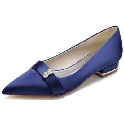 Navy Women's Satin Pointed Toe Flat Wedding Shoes