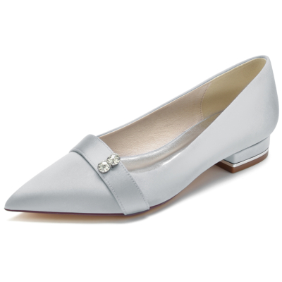 Silver Women's Satin Pointed Toe Flat Wedding Shoes
