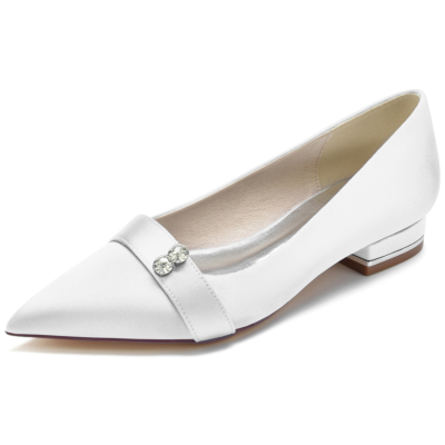 White Women's Satin Pointed Toe Flat Wedding Shoes