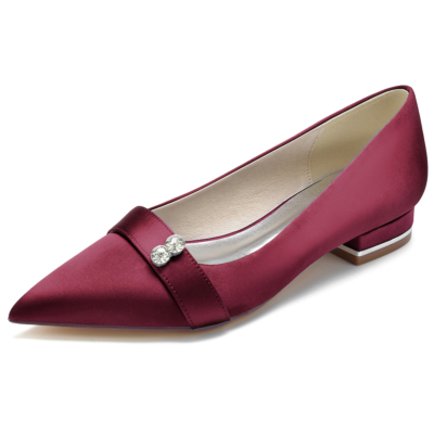 Burgundy Women's Satin Pointed Toe Flat Wedding Shoes
