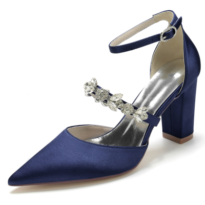 Women's Navy Satin Pointed Toe Rhinestone Chunky Heel Ankle Strap Pumps