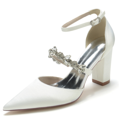 Women's Ivory White Satin Pointed Toe Rhinestone Chunky Heel Ankle Strap Pumps