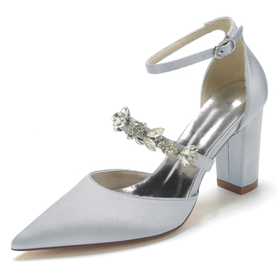 Women's Silver Satin Pointed Toe Rhinestone Chunky Heel Ankle Strap Pumps