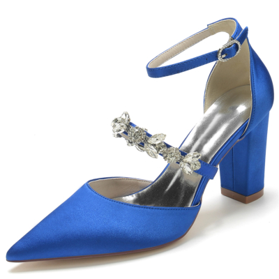 Women's Royal Blue Satin Pointed Toe Rhinestone Chunky Heel Ankle Strap Pumps
