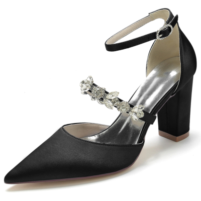Women's Black Satin Pointed Toe Rhinestone Chunky Heel Ankle Strap Pumps
