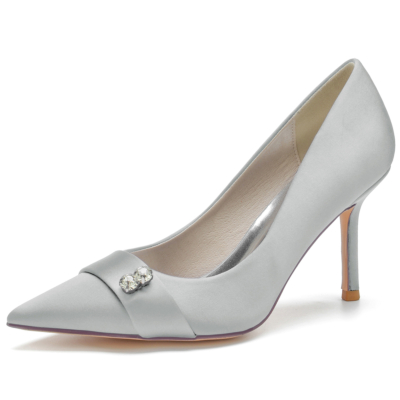 Silver Satin Pointed Toe Stiletto Heel Pumps Wedding Shoes