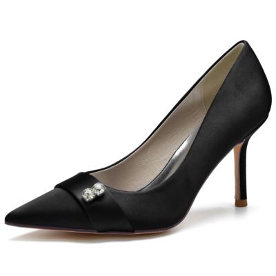 Black Satin Pointed Toe Stiletto Heel Pumps Wedding Shoes