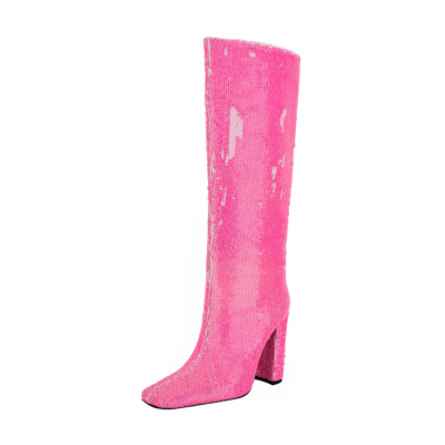 Women's Pink Sequin Square Toe Chunky Heel Knee High Boots