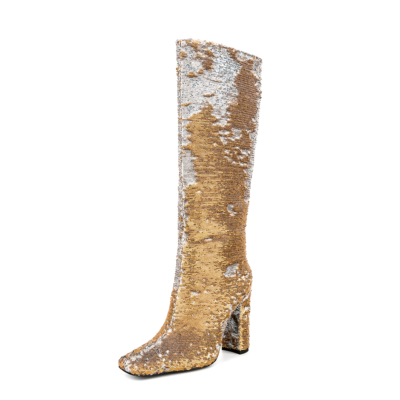 Women's Gold Sequin Square Toe Chunky Heel Knee High Boots