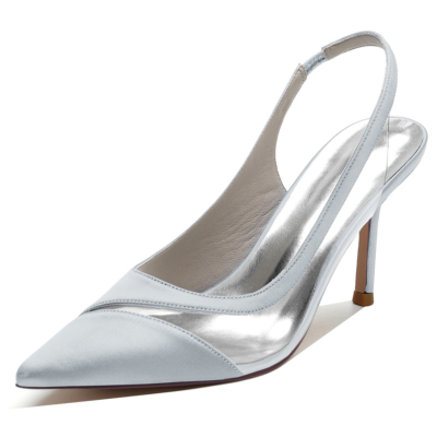 Women's Silver Satin Slingback Pointed Toe Stiletto High Heels  Wedding Pumps