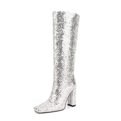 Women's Silver Sequin Square Toe Chunky Heels Wide Calf Long Boots
