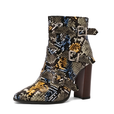 Women's Snake Print Buckle Straps Pointed Toe Ankle Boots Chunky Heel Booties