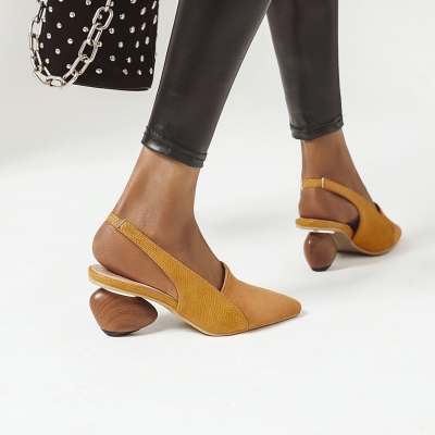 Women's Yellow Snake Print Pointed Toe  Low Heels Slingback Shoes