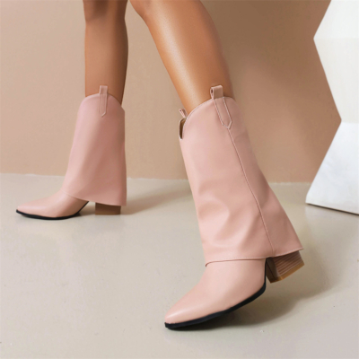 Women's Pink Veagn Leather Cowboy Boots Fashion Fold-over Boots