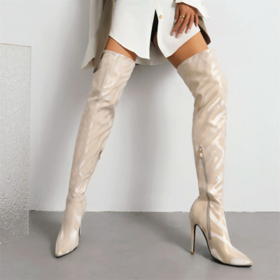 Women's Beige Vegan Leather Pointed Toe Stiletto Heel Thigh high boots