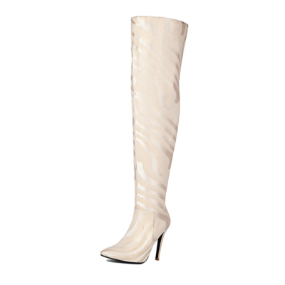 Women's Beige Vegan Leather Pointed Toe Stiletto Heel Thigh high boots