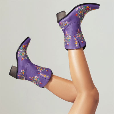 Women's Purple Vegan Leather Retro Western Cowboy Boots with Flowers Embroidery