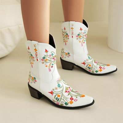 Women's White Vegan Leather Retro Western Cowboy Boots with Flowers Embroidery
