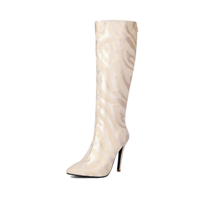 Women's Beige Vegan Leather Stiletto Heel Pointed Toe Knee High Boots