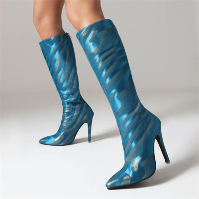 Women's Navy Vegan Leather Stiletto Heel Pointed Toe Knee High Boots